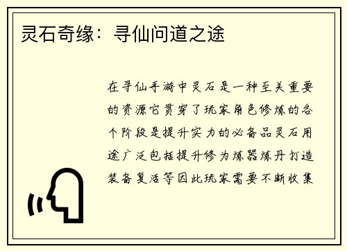 灵石奇缘：寻仙问道之途