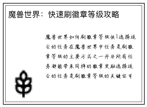 魔兽世界：快速刷徽章等级攻略