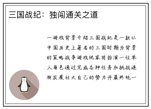 三国战纪：独闯通关之道