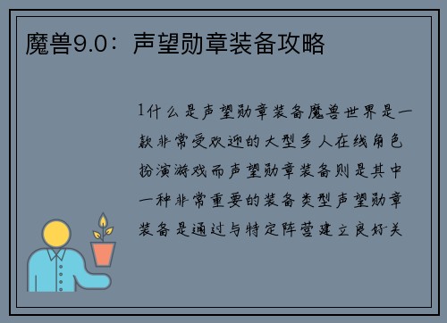 魔兽9.0：声望勋章装备攻略